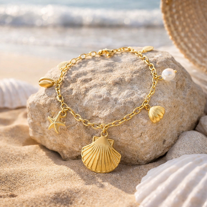 Armband Bettelarmband Muschel Seestern Süßwasserperle Goldfarben Nickelfrei Yehwang