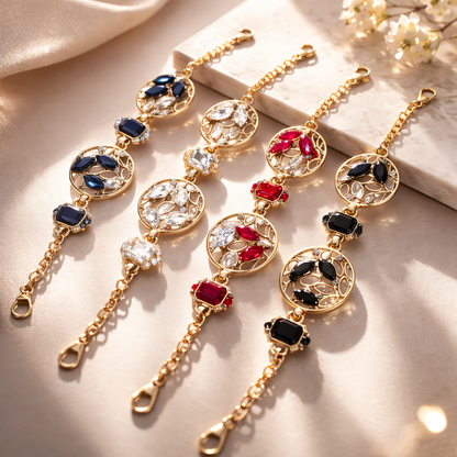 Armband Blossom Bijoux Kristall Strass Goldfarben Schwarz Rot Weiß Blau Statement