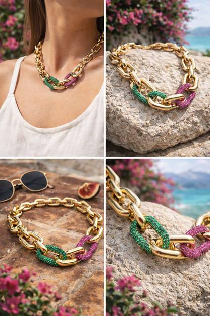 Halskette nickelfrei Gliederkette Goldfarben Glans Strass Grün Pink Modeschmuck Biba