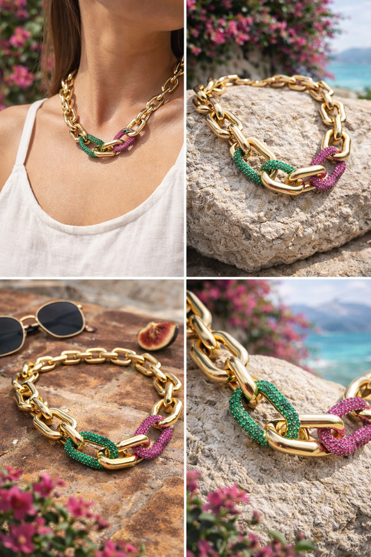 Halskette nickelfrei Gliederkette Goldfarben Glans Strass Grün Pink Modeschmuck Biba