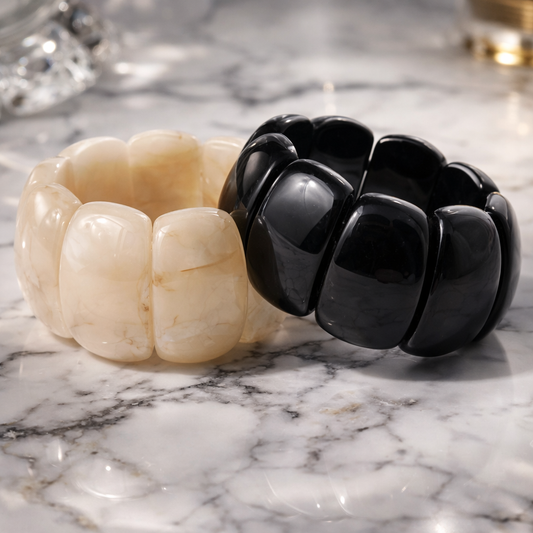 Armband Acryl Stretch Marmor Look Creme und Schwarz Nickelfrei trend 2026 Yehwang