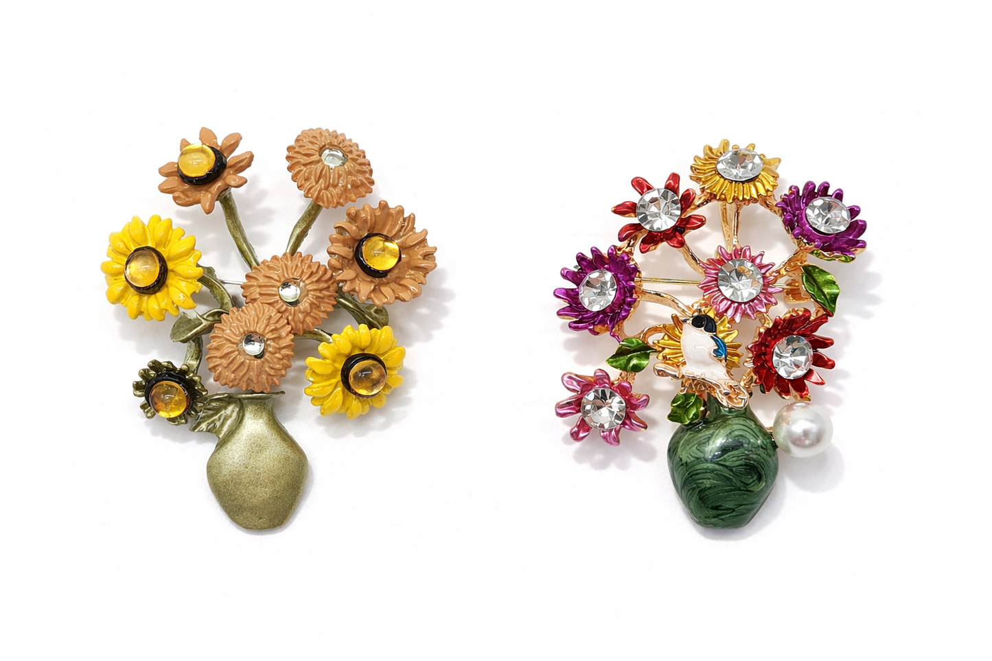 Brosche Blumenvase mit Blumen Gelb Bunt Strauß Blüten Natur Modeschmuck