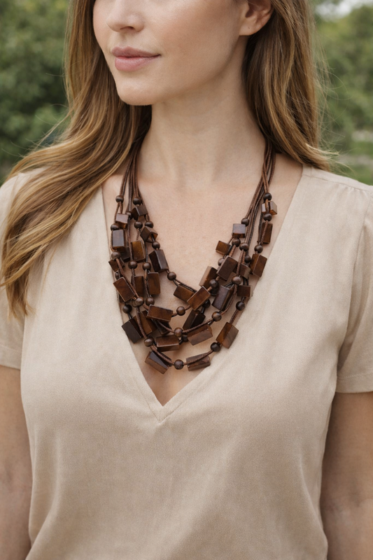 Halskette Schokolade braun Metall holz Kunstleder Resin Natur nickelfrei Biba