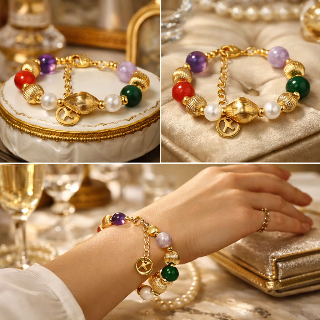 Armband Natursteine Goldfarbene Kralen Lila Orange Grün Nickelfrei Amorino