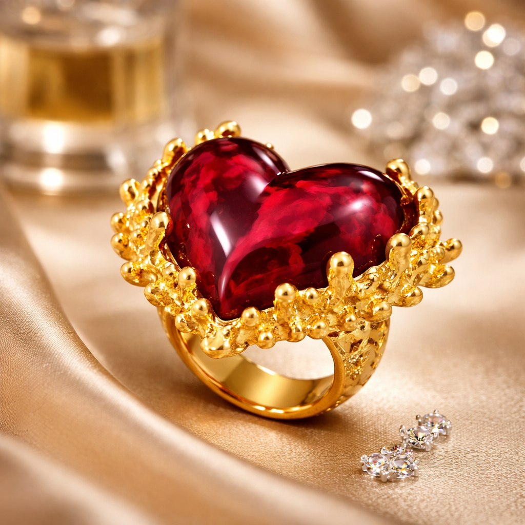 Ring elastisch Goldfarben Herz Harz Braun Rot Nickelfrei Amorino