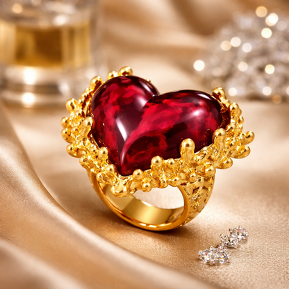 Ring elastisch Goldfarben Herz Harz Braun Rot Nickelfrei Amorino