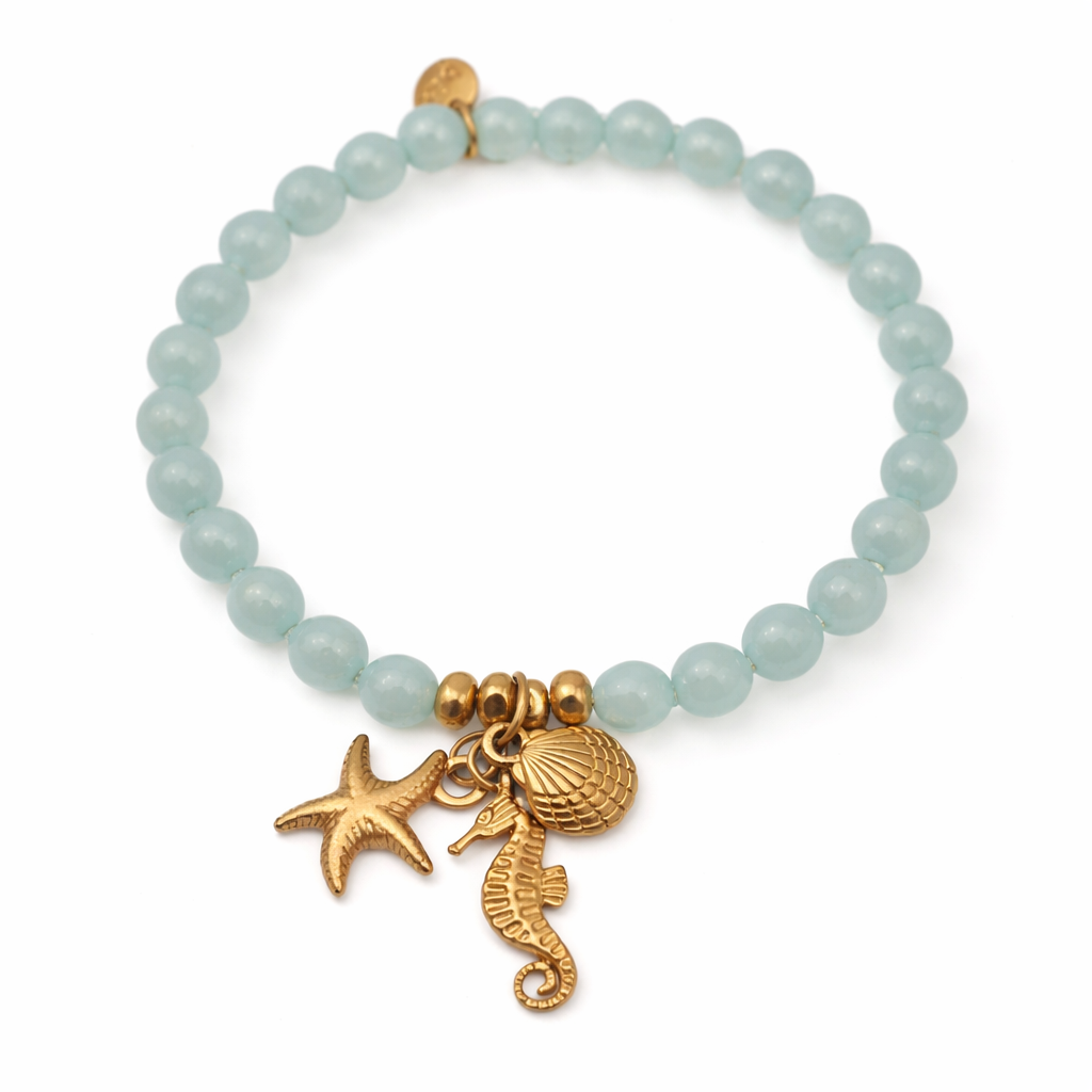 Armband elastisch Helltürkis Hellblau Anhänger Muschel Seestern Seepferdchen Biba