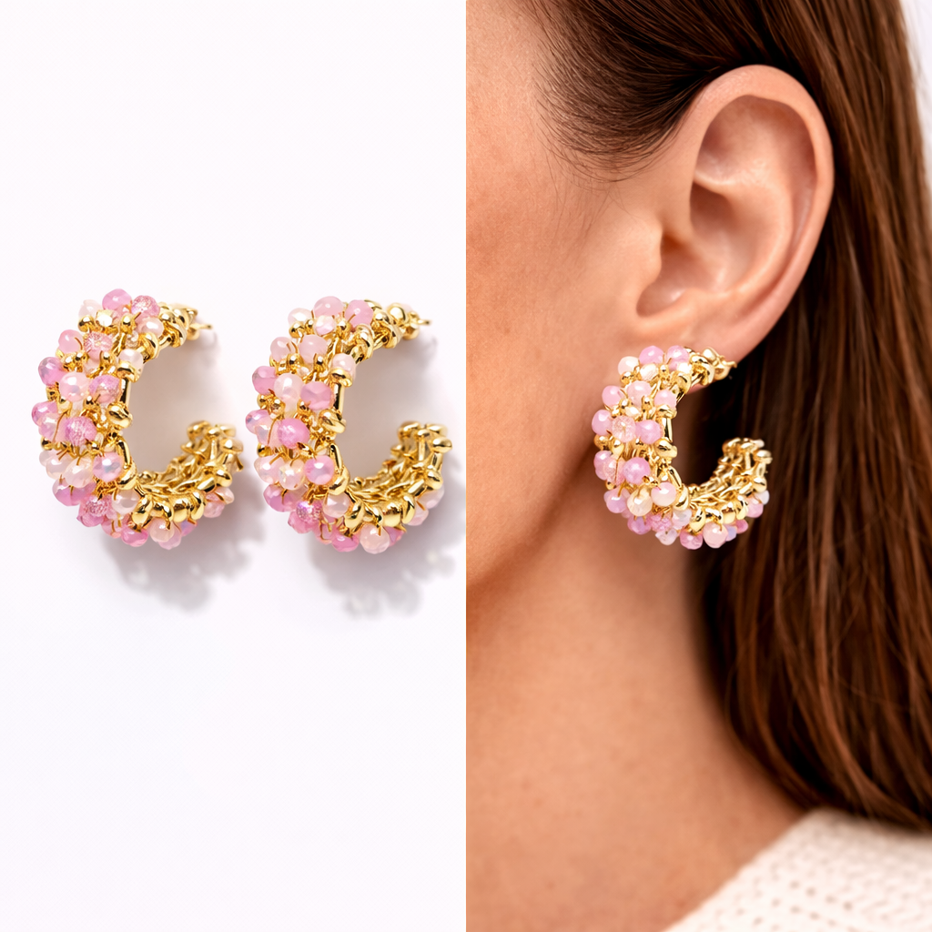 Biba Ohrringe Creolen gewebte Optik Rosa Crystal Perlchen Sommer Nickelfrei
