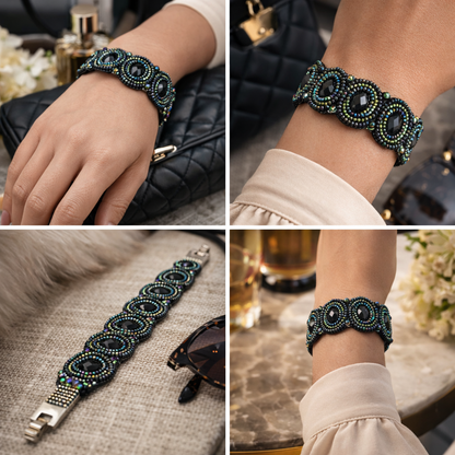 Armband Kunstleder Schwarz mit irisierende Perlchen Nickelfrei Biba