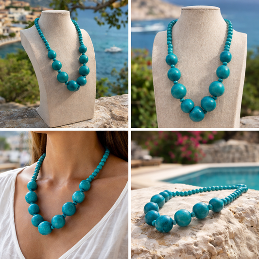 Halskette holz türkis Kralen nickelfrei Natur Botho Stil Statement Biba