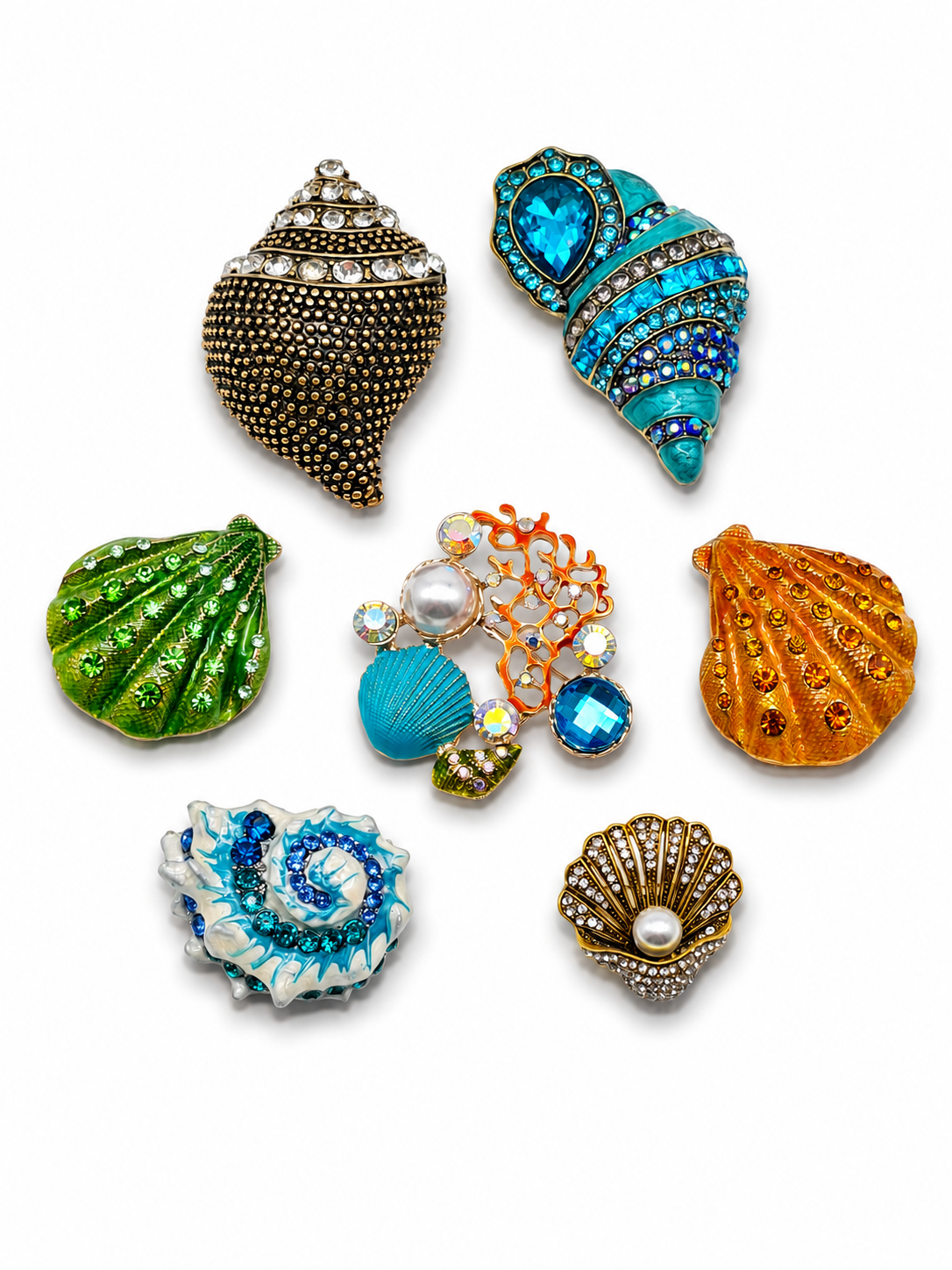 Brosche Muscheln Orange Grün Braun Sonne Strand Urlaub Modeschmuck