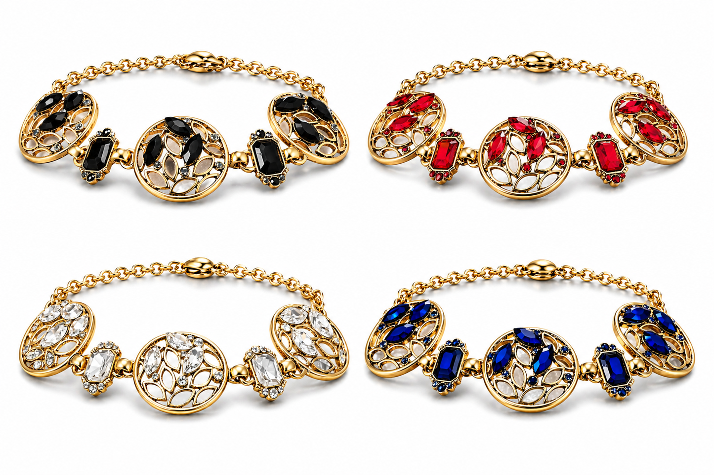 Armband Blossom Bijoux Kristall Strass Goldfarben Schwarz Rot Weiß Blau Statement