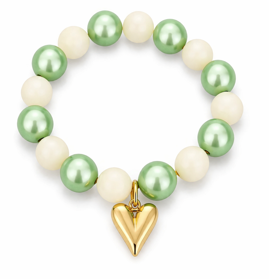 Armband Elastisch "Space Beads" Creme Gold Grün Armband  Herz Michelle Bijou