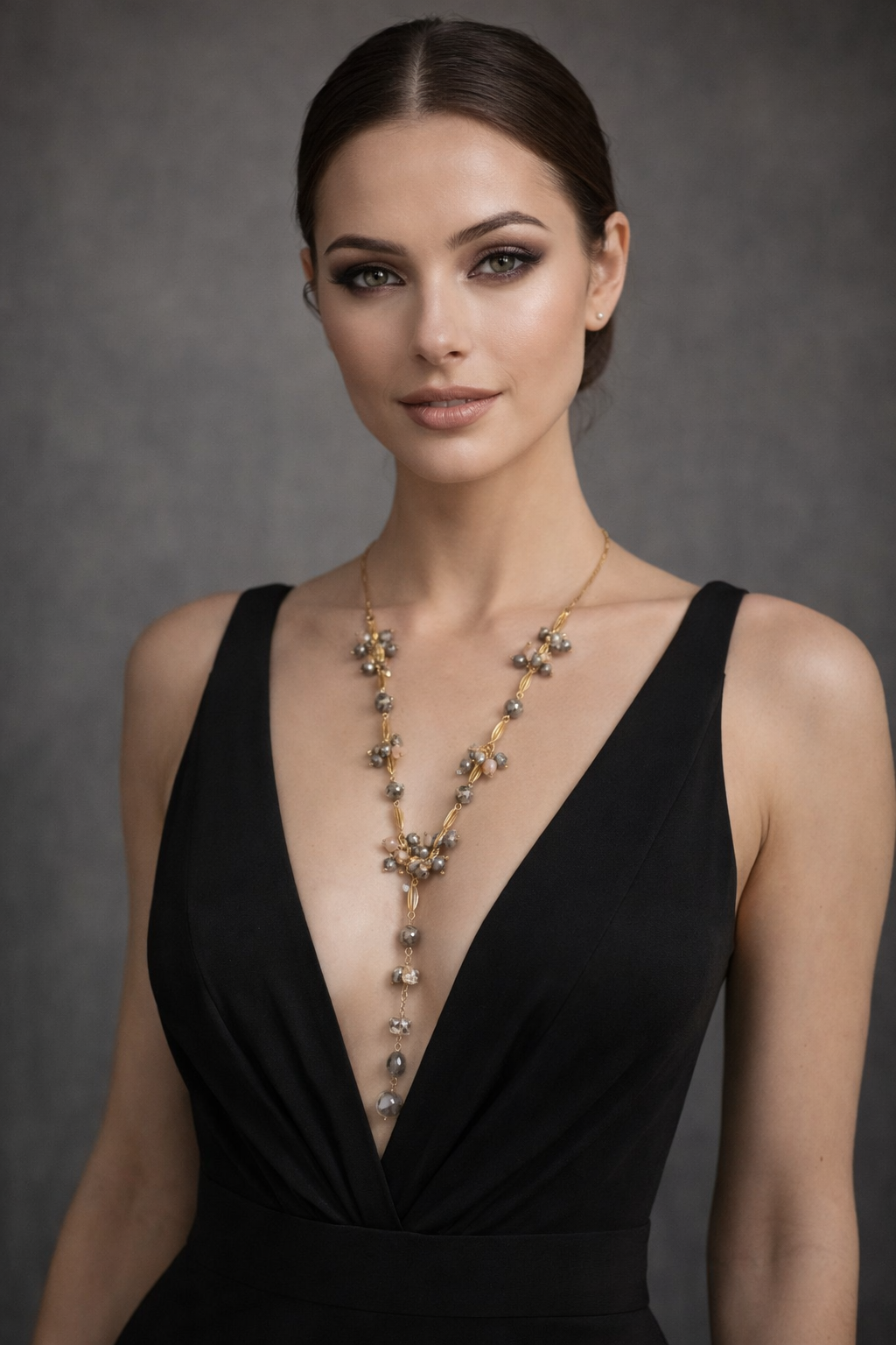 Halskette Langhalskette Y-Kette Goldfarben mit Graue Crystal Perlen Biba