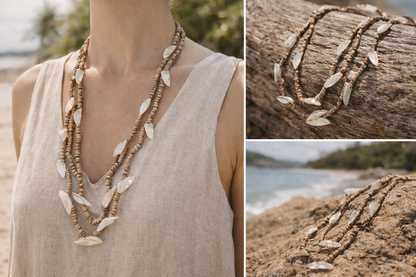 Halskette Grau oder Beige mit Muscheln und Acrylperlen Urlaub Strand Biba