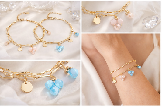 Armband Filigranes Doppelarmband Beige-Rosa Blauen Crystal Perlen Nickelfrei Yehwang