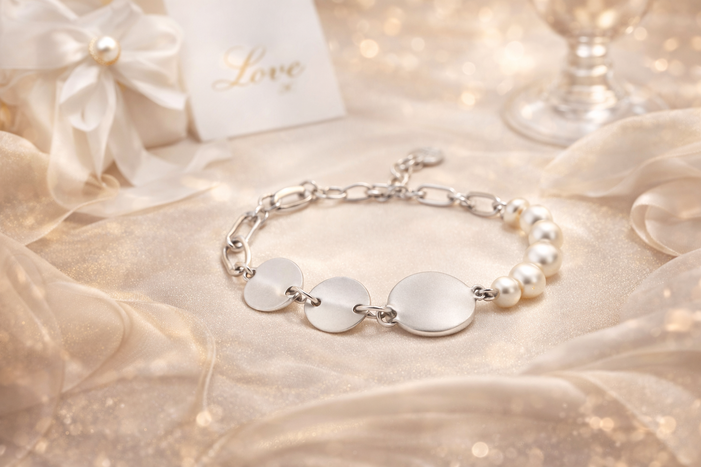 Armband matt-Silber mit Perlchen und Kreis-Elementen Elegant Nickelfrei Biba