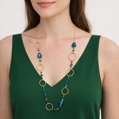 Halskette Langkette Petrol Matt Goldene Elemente Nickelfrei Sweet7