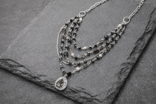 Halskette Langhalskette mehrfachkette Anhänger Matt Silberfarben Schwarz Biba