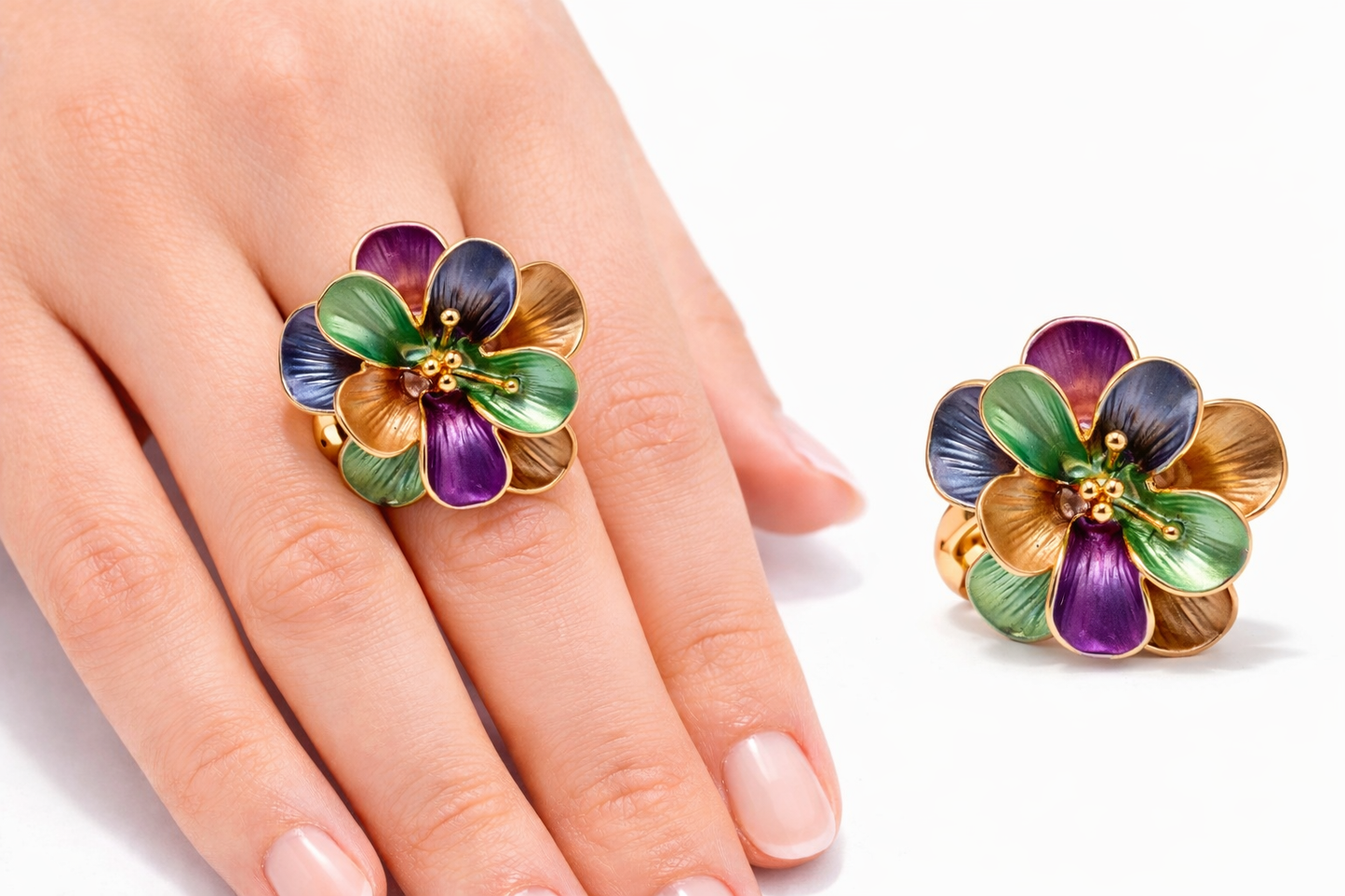 Ring Elastischer Ring Emailliertem Volant Blume Farben One-Size Amorino