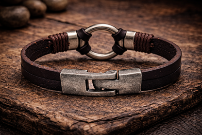 Armband Herrenarmband Braun geflochten silberfarben Leder Metall Nickelfrei Yehwang