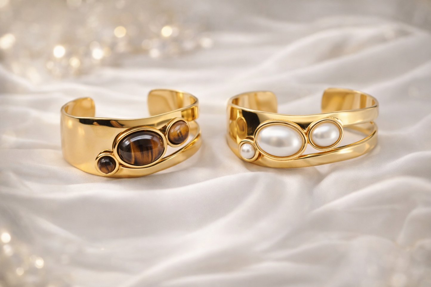 Armreif goldfarben Perlmutt Braun Nickelfrei Trend 2026 Kunstperle Yehwang