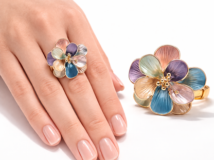 Ring Elastischer Ring Emailliertem Volant Blume Farben One-Size Amorino