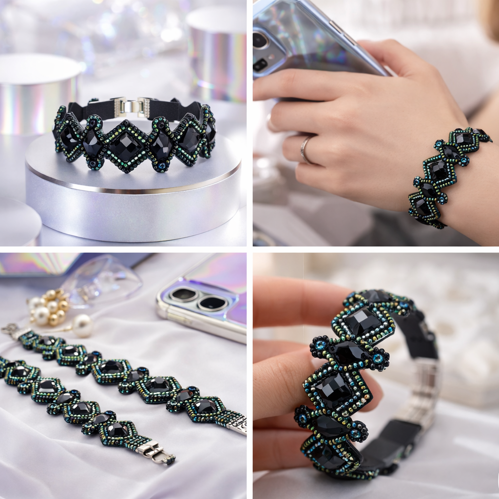 Armband Kunstleder Schwarz Blau irisierende Perlchen Nickelfrei Biba