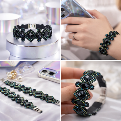 Armband Kunstleder Schwarz Blau irisierende Perlchen Nickelfrei Biba