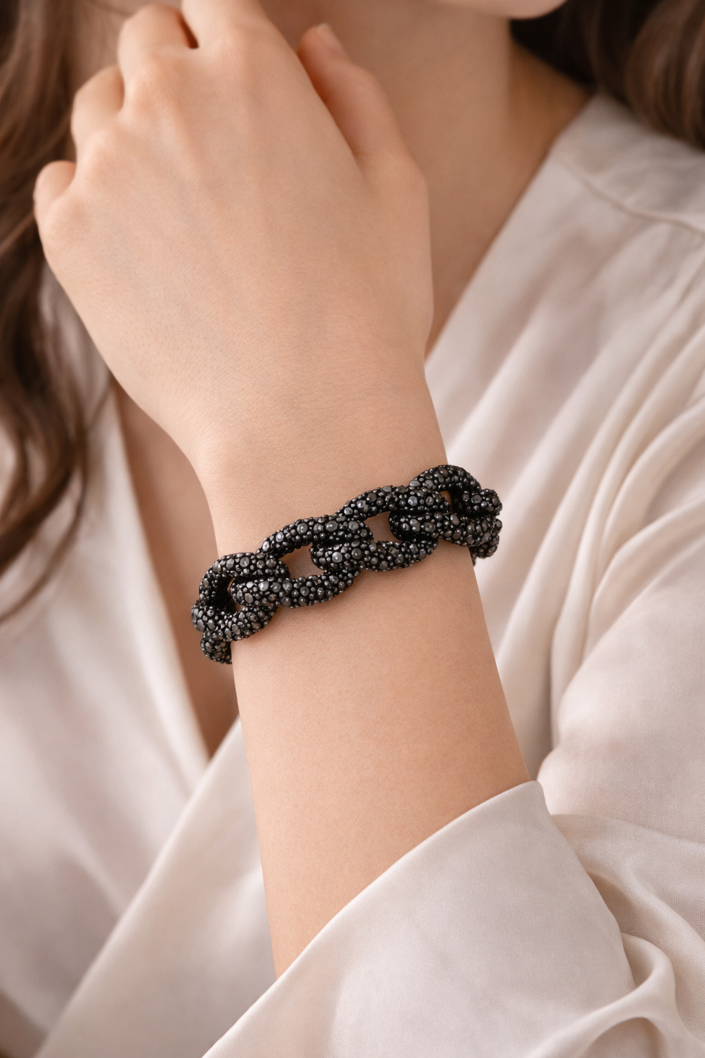 Armband Champagne Gun-Metal Knoten besetzt Glasperlen Statement Biba