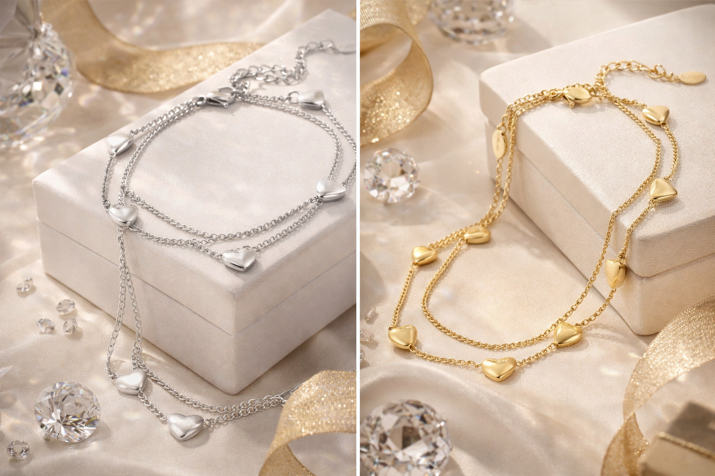 Armband „Lots of Hearts“ Silber- Goldfarben Doppelarmband filigran Herzchen Yehwang