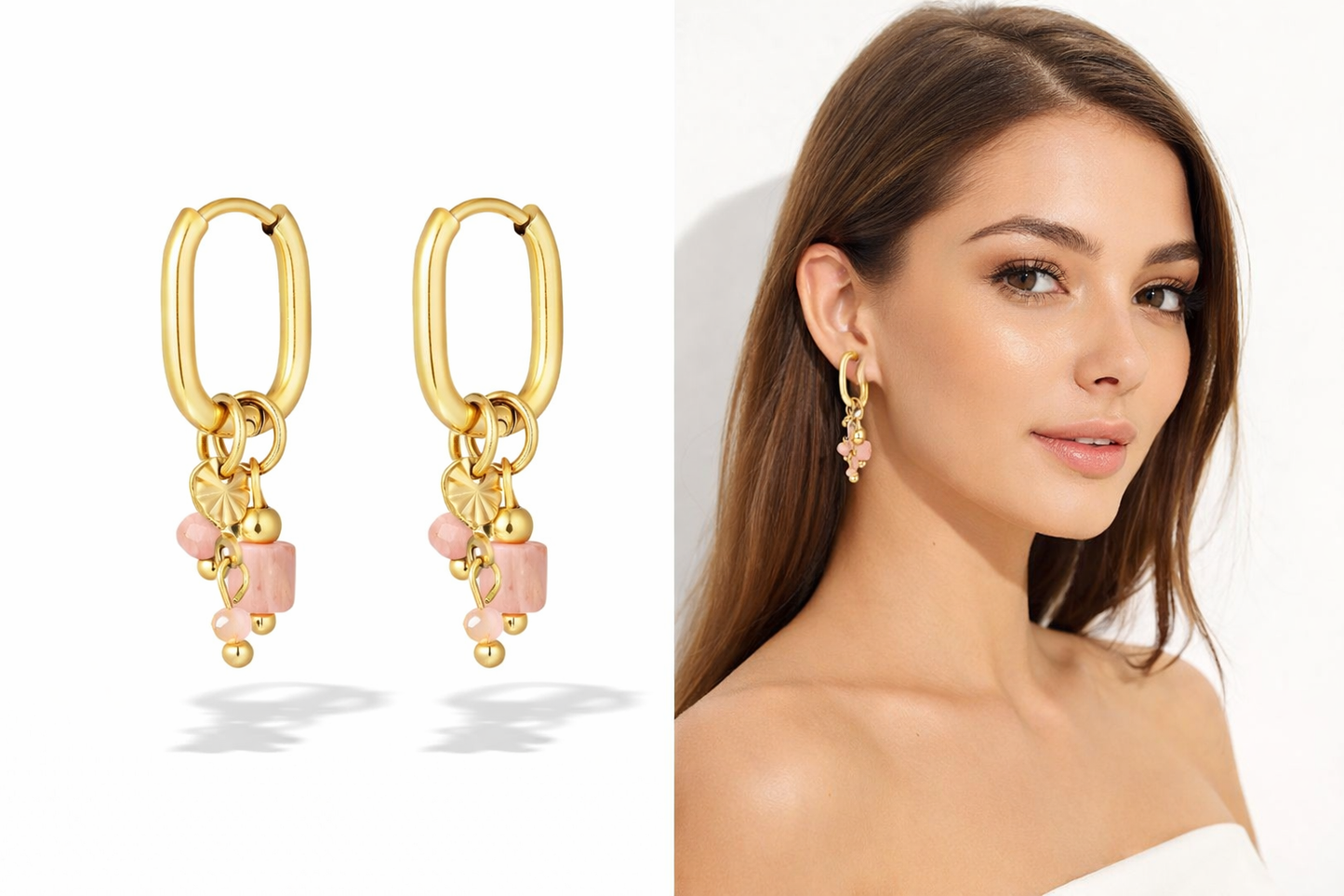 Ohrring rosa Perlen Goldfarben Nickelfrei Creolen Ohrhänger Yehwang