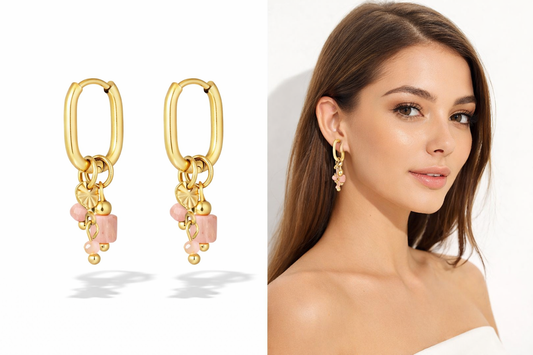 Ohrring rosa Perlen Goldfarben Nickelfrei Creolen Ohrhänger Yehwang