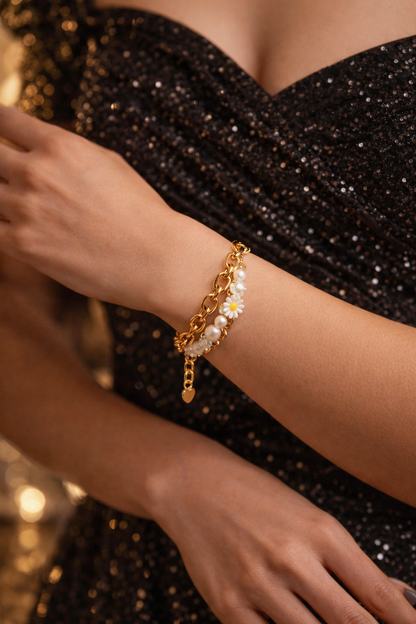 Armband Goldfarben mit Gänseblümchen und Süßwasserperlen Elegant Biba