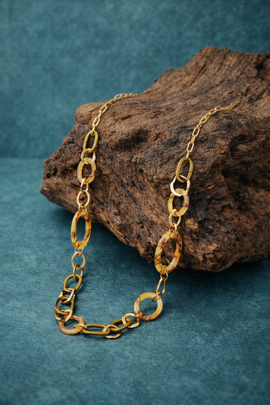 Halskette nickelfrei Acryl gelb beige langkette Modeschmuck Gliederkette Biba