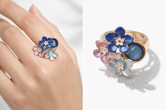Ring Elastisch Emailliertem Volant Blaue Blumen One-Size Nickelfrei Amorino