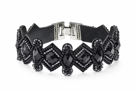 Armband Kunstleder Schwarz Blau irisierende Perlchen Nickelfrei Biba