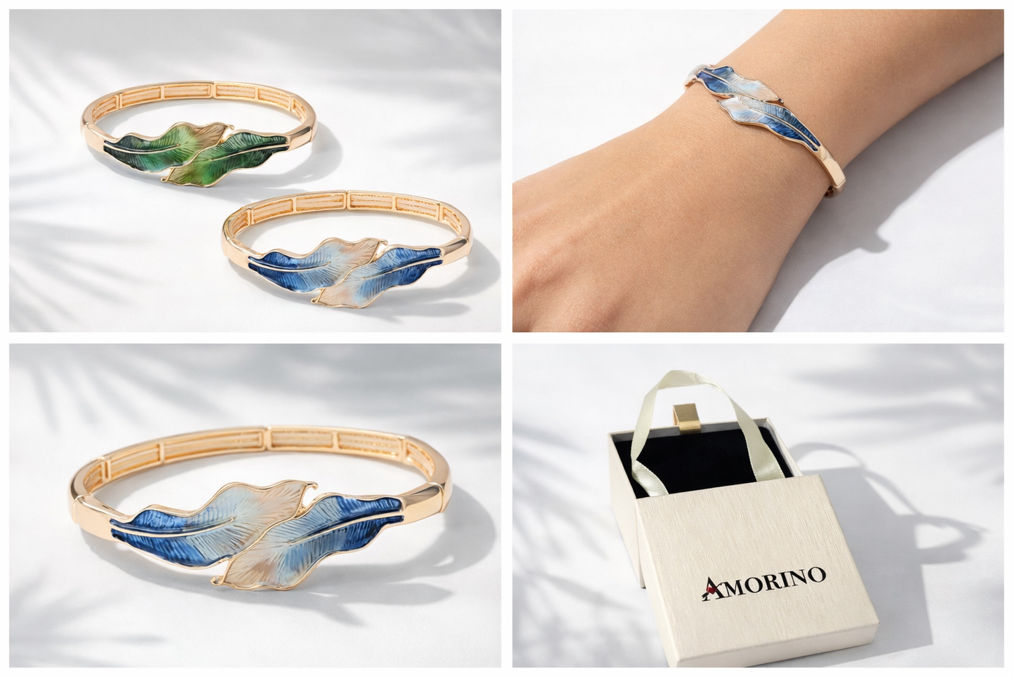 Armband elastische Emaille Blätter Natur Töne Blau Grün Klapp-Armband Amorino