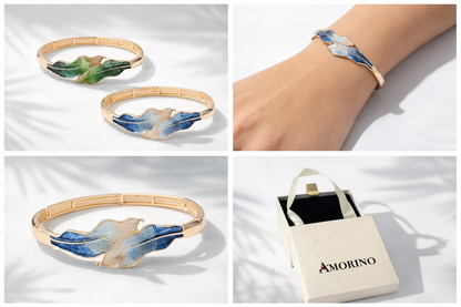 Armband elastische Emaille Blätter Natur Töne Blau Grün Klapp-Armband Amorino