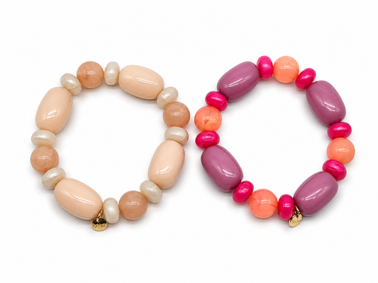 Armband elastisch Biba Sommer Resin Perlen Lila und Beige