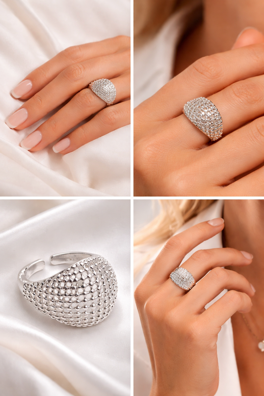 Ring versilbert verstellbar mit Gitteroptik Cosmos