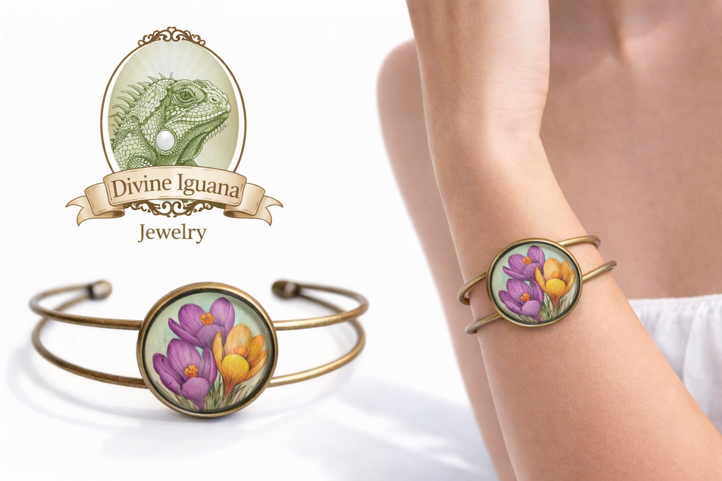 Armband Armreif Frühlings-Krokusblumen Messing- und Glasarmreif Trend
