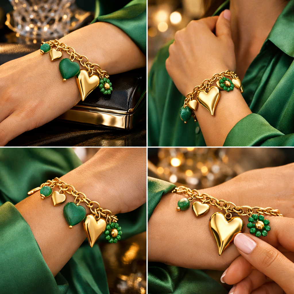 Armband Bettelarmband Charm Chill "Green Love" Herz Liebe Romantik Nickelfrei Yehwang