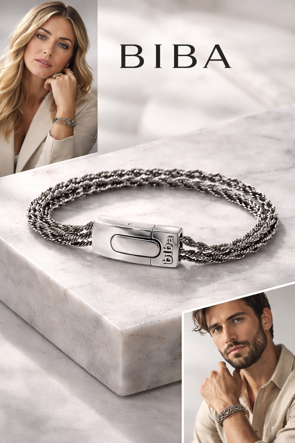 Armband Antik Silberfarben Dreifachkette mit Magnetverschluss Unisex Biba