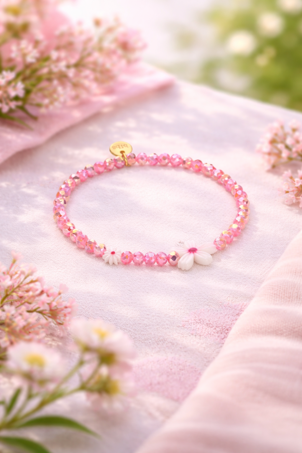 Armband Blumenarmband Pink mit Weiße Blume Elastisch Sommer Trend Biba