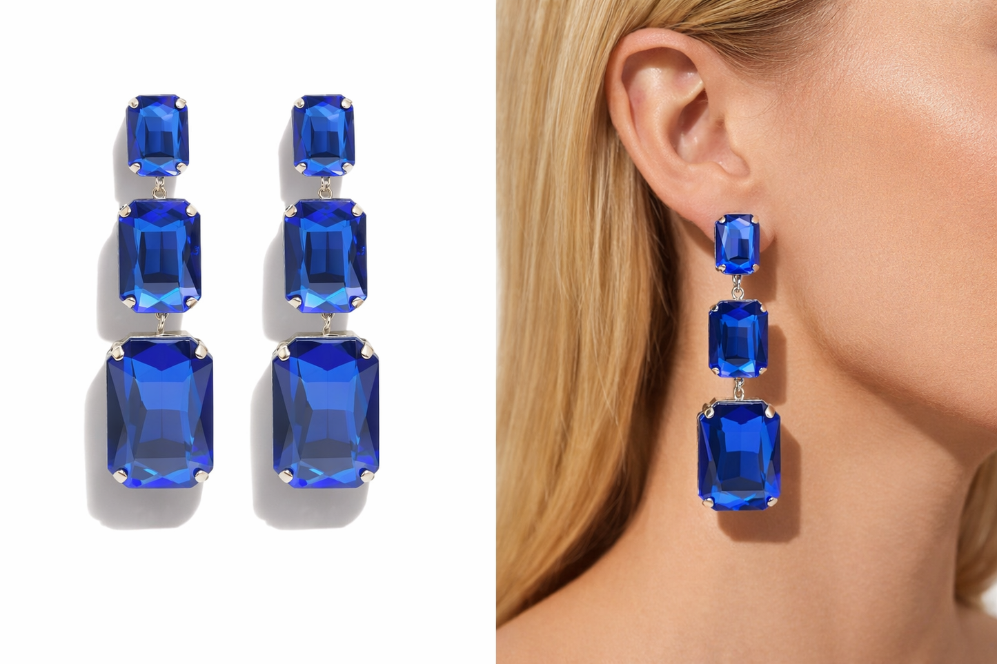 Ohrhänger Ohrringe 3 Glasperlen Reihe Blau Statement Yehwang