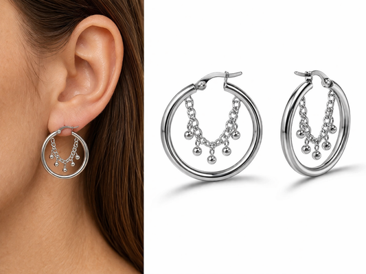 Ohrringe Creolen Silberfarben Kettchen mit Kügelchen Nickelfrei Michelle Bijou