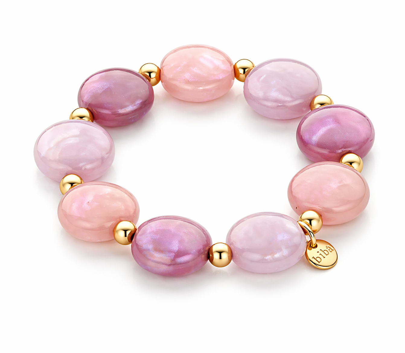 Armband elastisch Braun-Natur Lila-Töne Mat-Goldene Perlchen Nickelfrei Biba