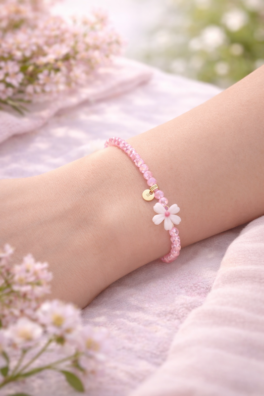 Armband Blumenarmband Rosa mit Weiße Blume elastisch Natur Sommer Biba