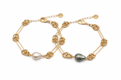 Armband Gliederarmband in Matt Goldfarben mit grau oder Goldfarbene Perle Biba